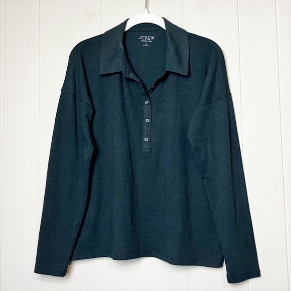J. Crew Relaxed Stretch Linen Polo Top Small black lightweight collar minimalist - Picture 2 of 9